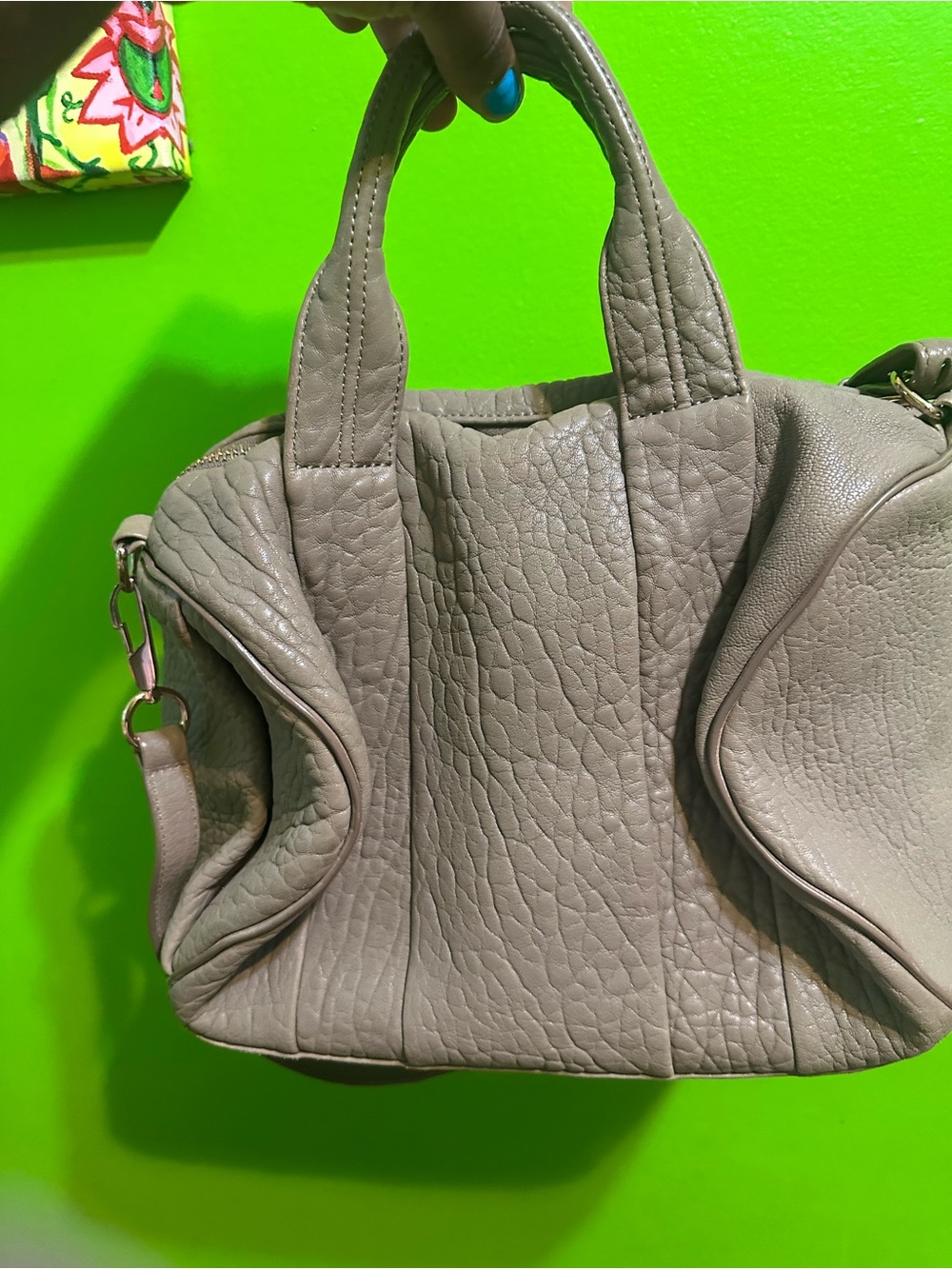 Alexander Wang Rocco with Rose Gold Studs Pebbled Leather Satchel in Taupe Gray